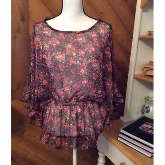 YA LOS ANGELES Black Red Floral Sheer Ruffle TOP M - Picture 2 of 11
